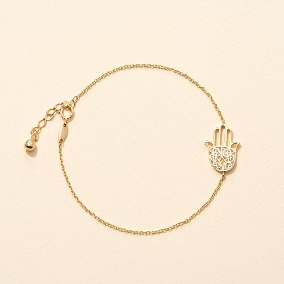 14k Solid Gold Hamsa Bracelet | Birthday Gift | Fatima Hand Bracelet | Trendy | - Picture 1 of 4